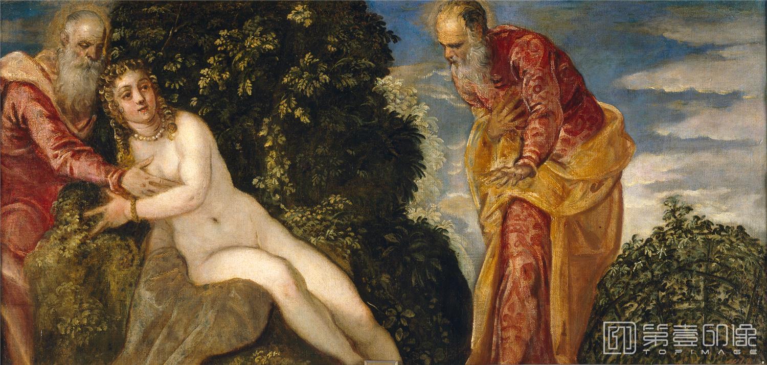 油画-西班牙普拉多美术馆油画藏画-Tintoretto, Jacopo Robusti-Susana y los viejos-58cm x 116cm-2750